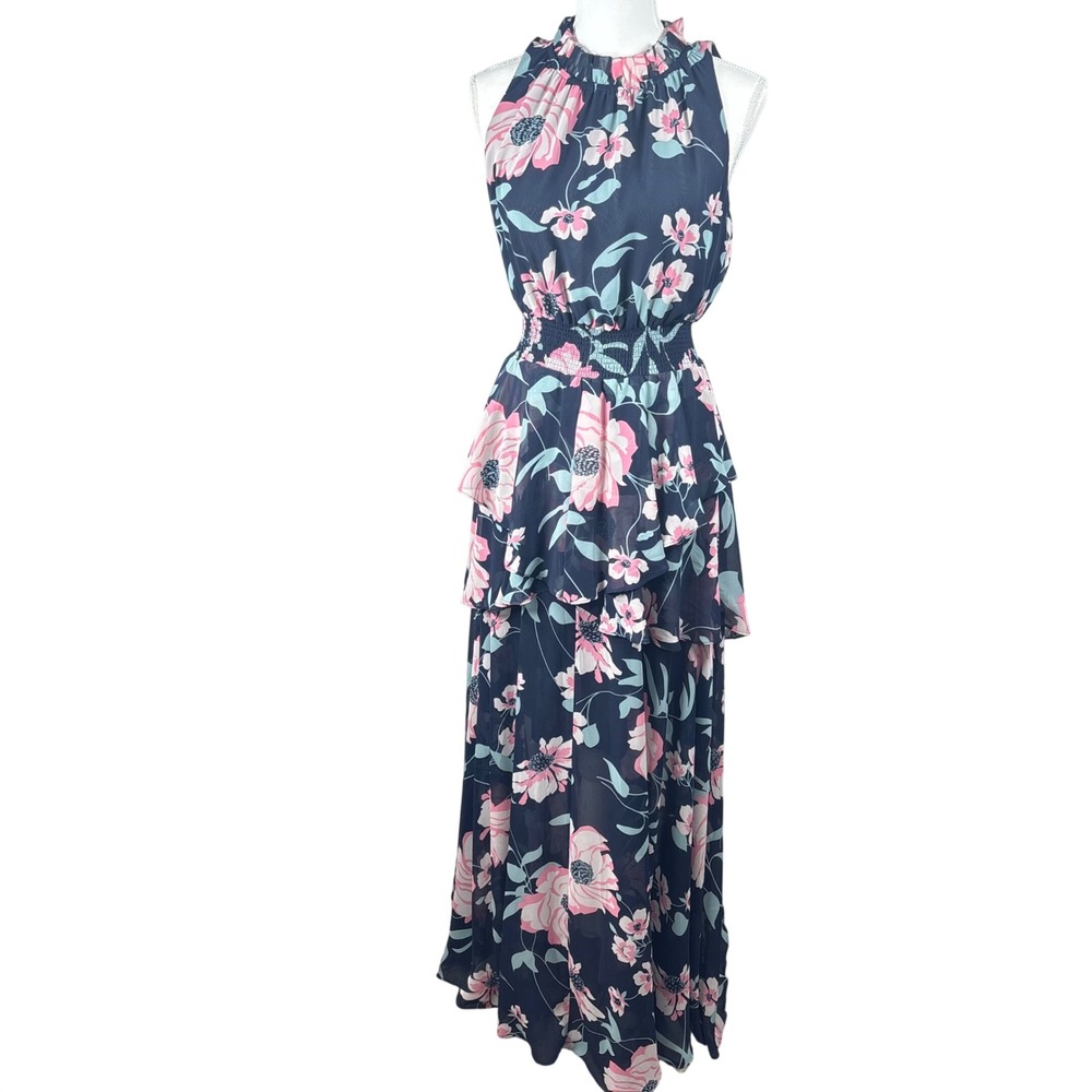 Eliza J Maxi Dress Blue Pink Floral Chiffon Tiered Sleeveless Spring PartySz 12 - Picture 2 of 11